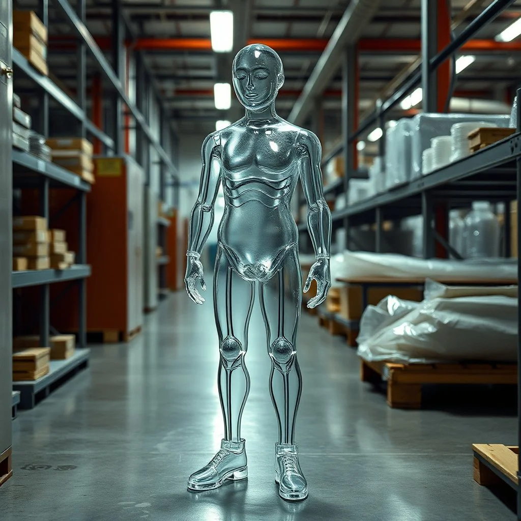 an transparent glas man with legs and shoes, in a factory, nobody cares about the empty glas, that is why he is so sad :(