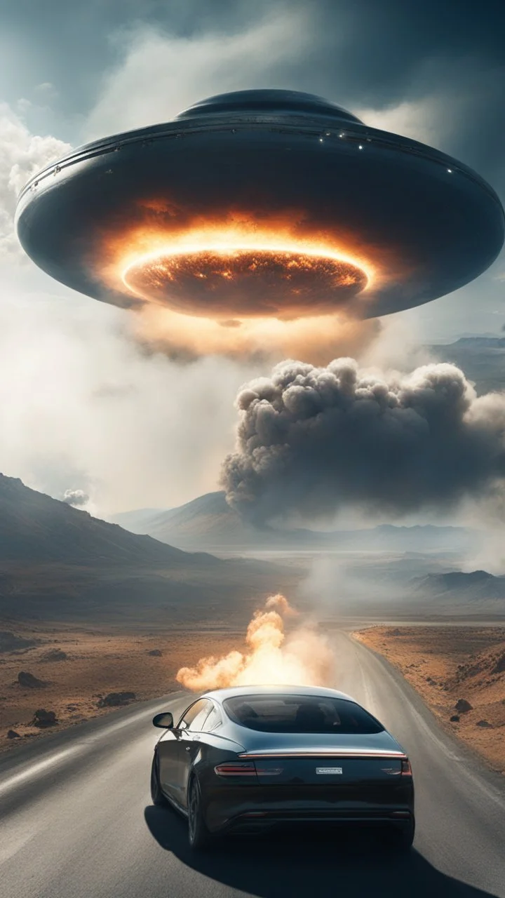 The image shows a photograph with a science fiction theme. Reflected in a side-view mirror, we see a car with passengers, driving on a desolate road. In the background, a large UFO hovers in the sky while multiple explosions erupt in the distance, sending up clouds of smoke and fire. The mirror's border frames this chaotic scene, juxtaposing a calm, seemingly oblivious drive with the dramatic events unfolding behind.