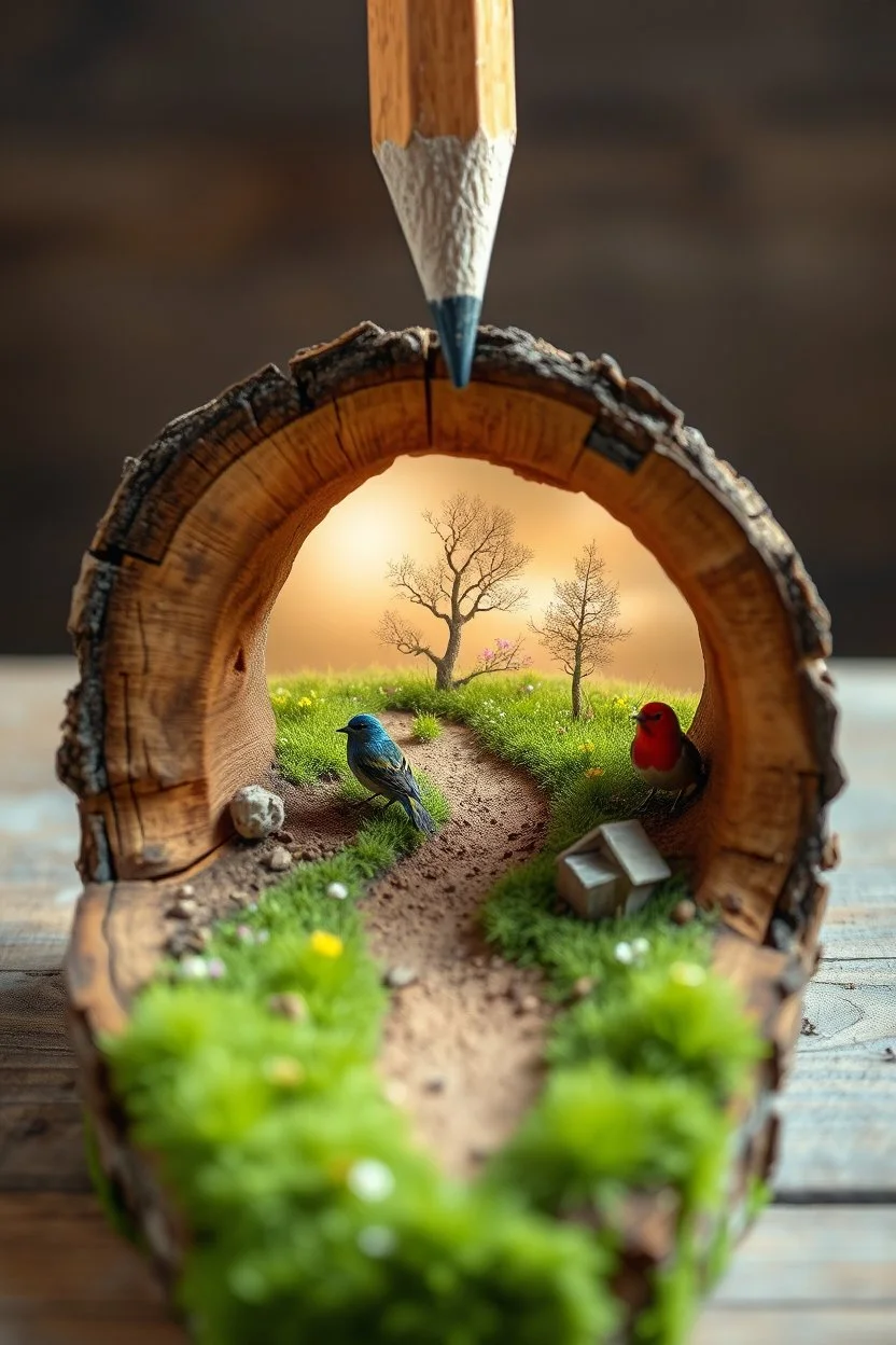 🛠️ Tool: ChatGPT 👉 Prompt used: "Ultra-realistic surreal macro scene of a broken tree stump placed on a wooden surface, its hollow interior transformed into a vivid miniature landscape featuring a winding dirt path leading through lush green grass, small flowering plants, and delicate trees under a soft glowing sky; two colorful birds—one blue and yellow, one red and brown—perch on either side of the path, adding life and contrast; above the scene, a large sharpened wooden pencil hovers diagon