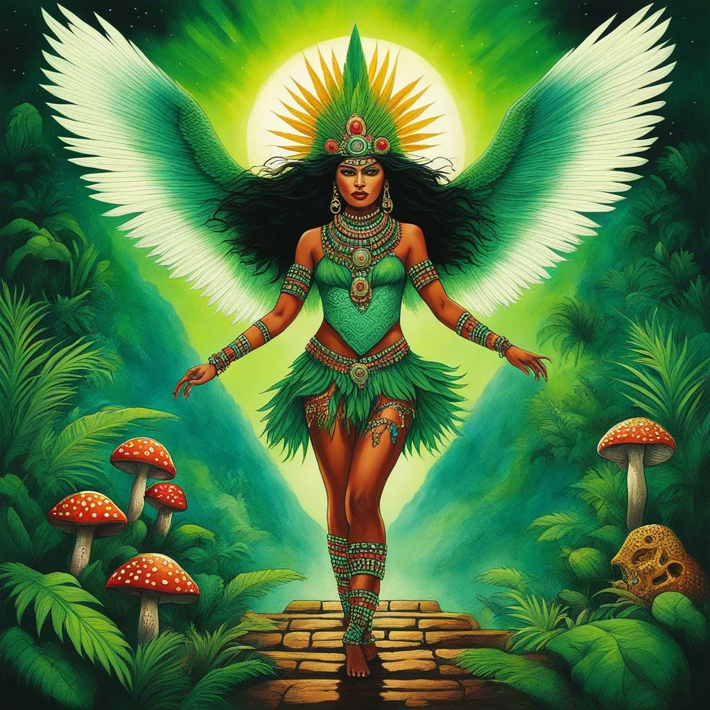 [art by Mil Mascaras] the midst of hallucinatory mushrooms, a feral girl in tribal attire dances with a reptilian god on a Mayan pyramid. Adorned in tattoos and jewelry, she moves with primal grace. The god, with green scales and wings, exudes a radiant aura halo. Their cosmic dance unfolds against a backdrop of lush green rainforest mountains. Their movements speak of primal desire and divine harmony. A symphony of ecstasy and forbidden allure paints the scene in psychedelic hues. The union of