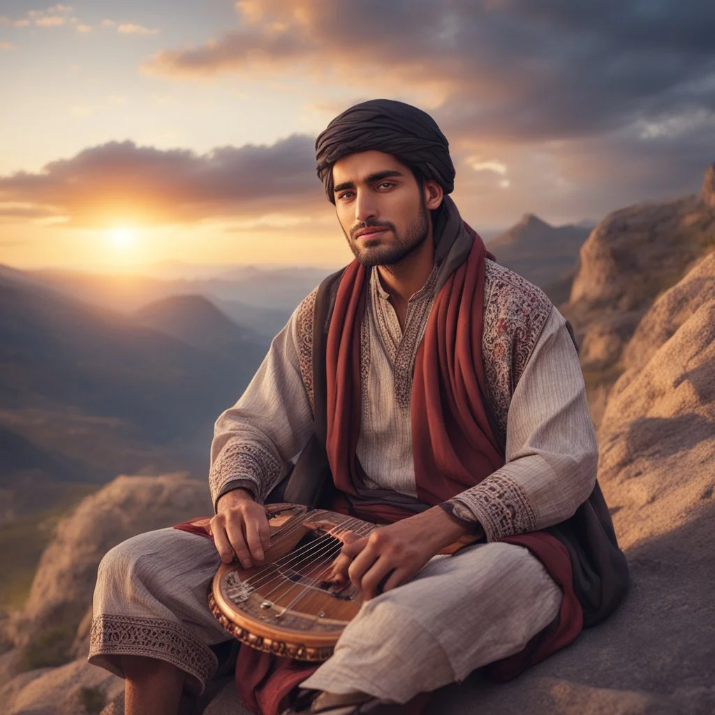 Hyper Realistic good-looking-young-pashto-man-with-beautiful-eyes playing traditional-instrument sitting on mountain at beautiful cloudy sunset with dramatic & cinematic ambiance