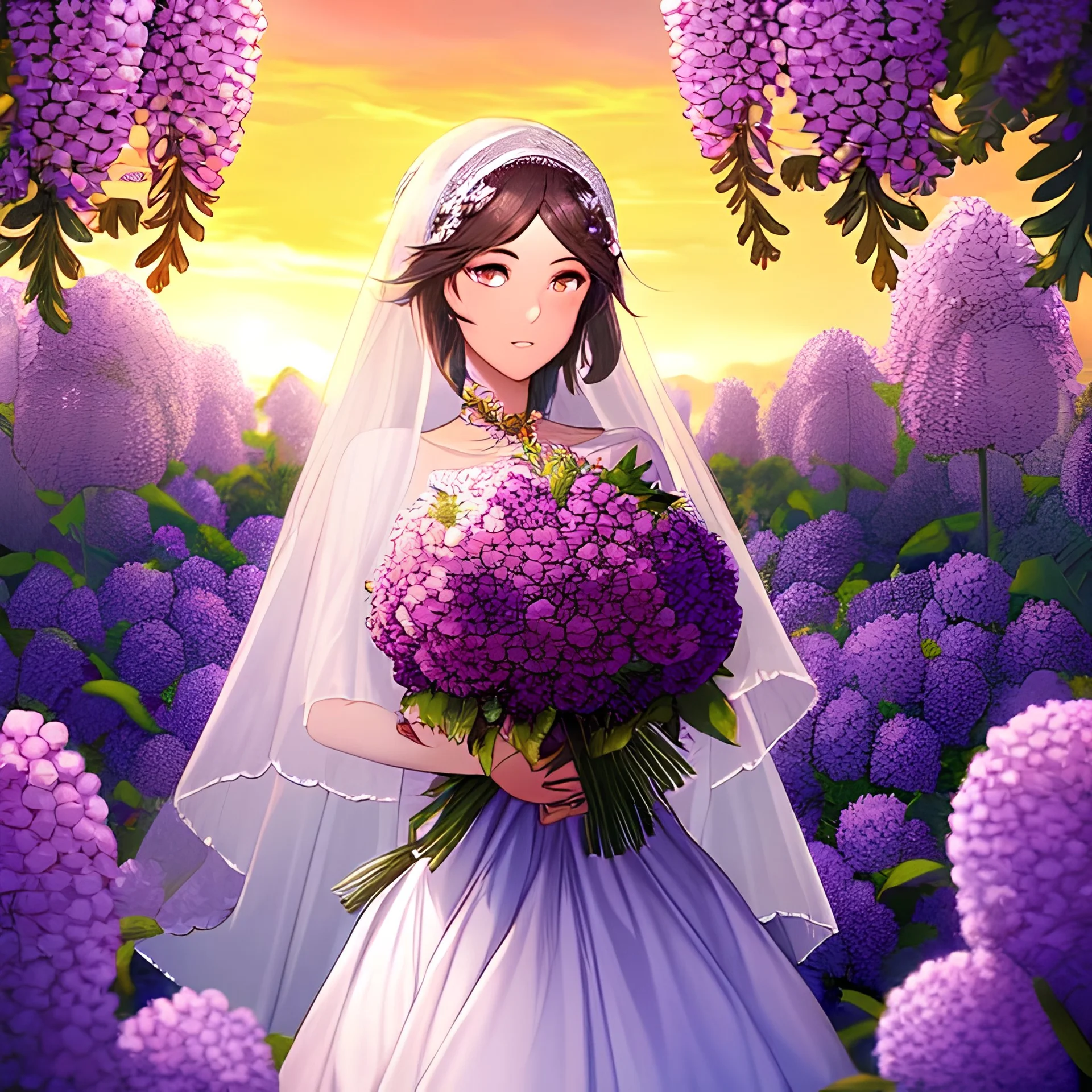 wedding veil, purple, digital art, realistic, sunset, wisteria flowers