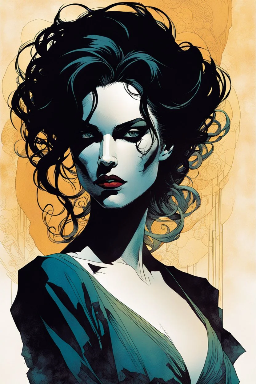 create a ethereal, otherworldly seductive ancient female Lasombra vampire , in the comic book art style of Mike Mignola, Bill Sienkiewicz, and Jean Giraud Moebius, with highly detailed and sharply defined feminine facial features , finely penciled and inked , dramatic natural lighting