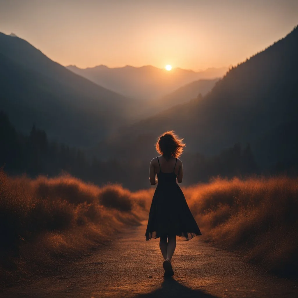 dark night, watching a woman from behind wearing a sleeveless dress, arms up in the air, who is walking towards a beautiful orange sunrise in the distance, mountains and forests around, photo quality