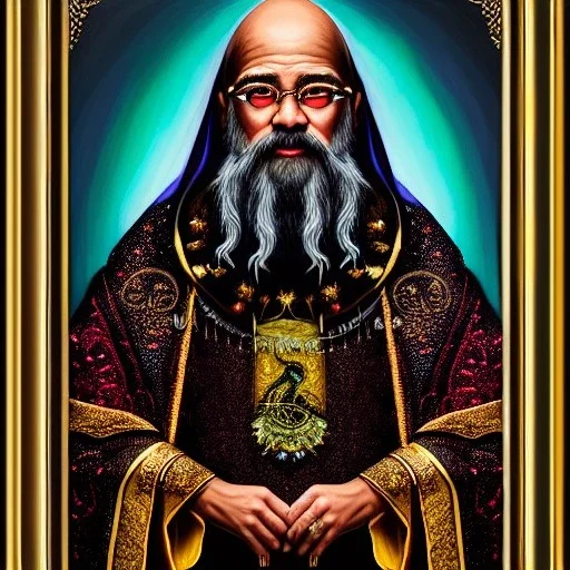 portrait painting of a wizard, ultra highly detailed, intricate details, shiny, pipe smoke, metallic, robes, embroidery, runes