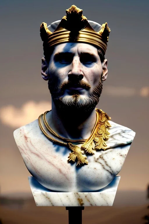 Realistic image, Roman sculpture made in white marble with gold veins, Lionel messi with gold laurel leaves crown, decorative star on the chest, waist up portrait, marble material, gold ornaments, Baroque style, sun rays background, epic, celestial, cinematic lighting, God lights, 4k resolution, smooth details, soft lighting, unreal engine 5, art station, substance 3d.