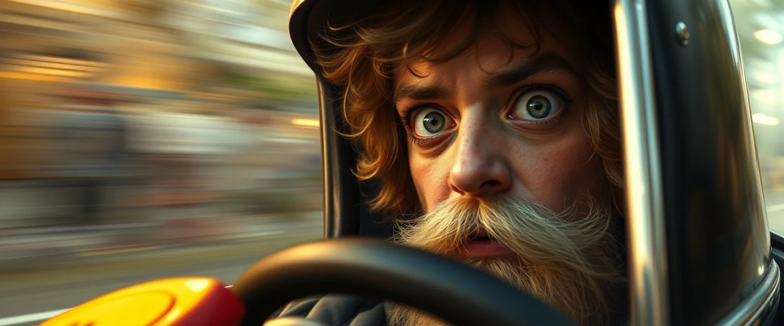 gokart mozart bewildered looks beyond really powerful, fantasy illustration in the style of Rembrandt, motion blur background