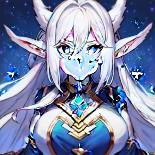 cosmic mage, elf, female, battle mage, epic, cosmic magic, long ears, white hair, face details, pale skin, jewellery, broad shoulders, sharp ears, cosmic clothes, cosmic eyes, ears shown, light out of eyes, the cosmos in eyes, stars in eyes, shining eyes, non human face, thin face, animation, detailed ears, magical eyes, non realistic, closed mouth