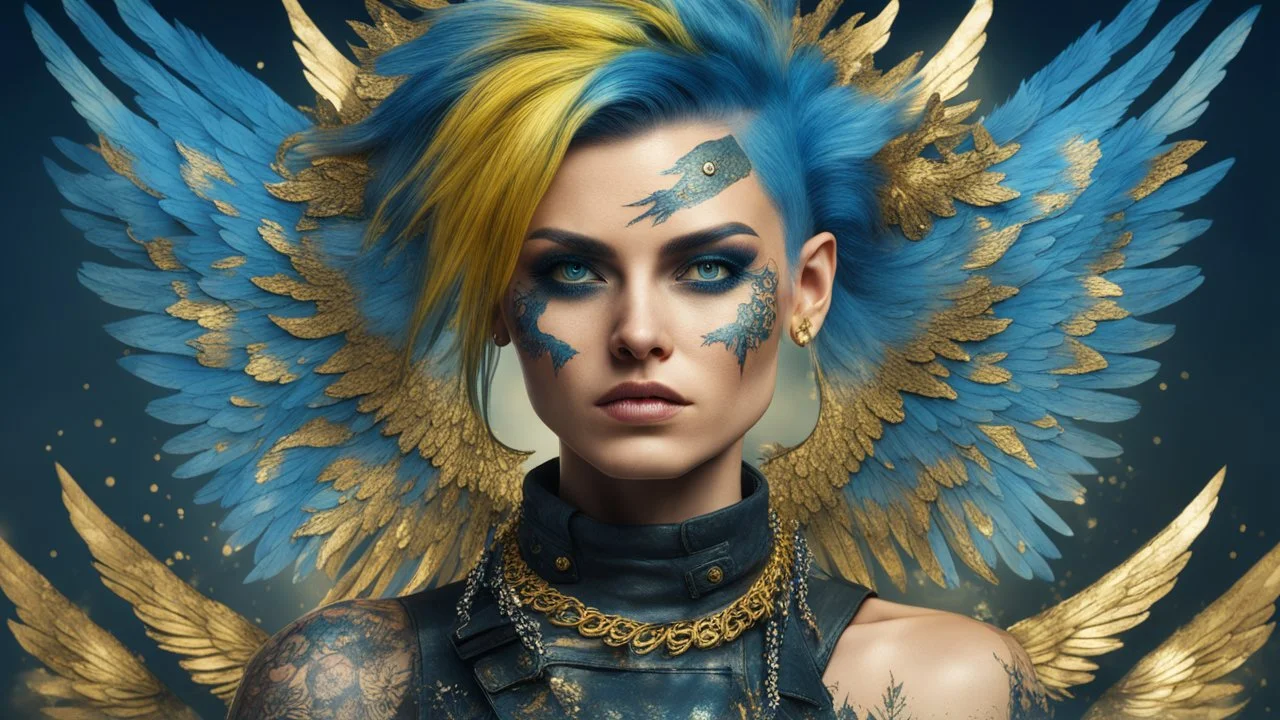 beautiful Punk woman Angel 30 years old, military clothing, mystical, bright colors, creative hairstyle, tattoo, piercing, photorealistic image, military, camouflage clothing, gold, blue, sparkles, fine rendering, high detail, 8K