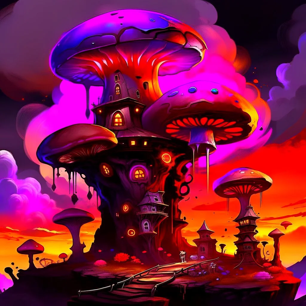 A fantabulous black, orange, and magenta (((mushroom tower house))) erected atop a (geologic pillar), surrounded by the uncanny imaginative ((( swirling skies))), offset by the stark hues of a (neon-tinged nebulous space scape), within. captured by the hand a skilled master painter with a focus on (softly blurred compositions and voluminous lighting).