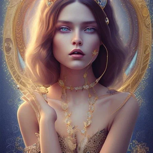 a princess with a lot of jewellery, beautiful long brown hair, gold lipstick, blue eyes,with feather dramatic, dramatic lighting, pixar style, volumetric lighting, hyperrealism, 8k, high quality, photorealistic, lot of details