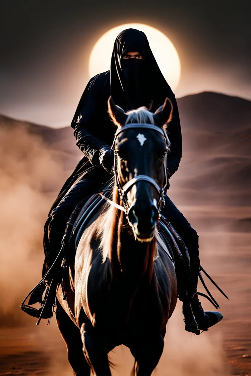 Photography Mistery of Black Ghost Arabian driving on Black Horse,Walking alonely on desert darkness night background