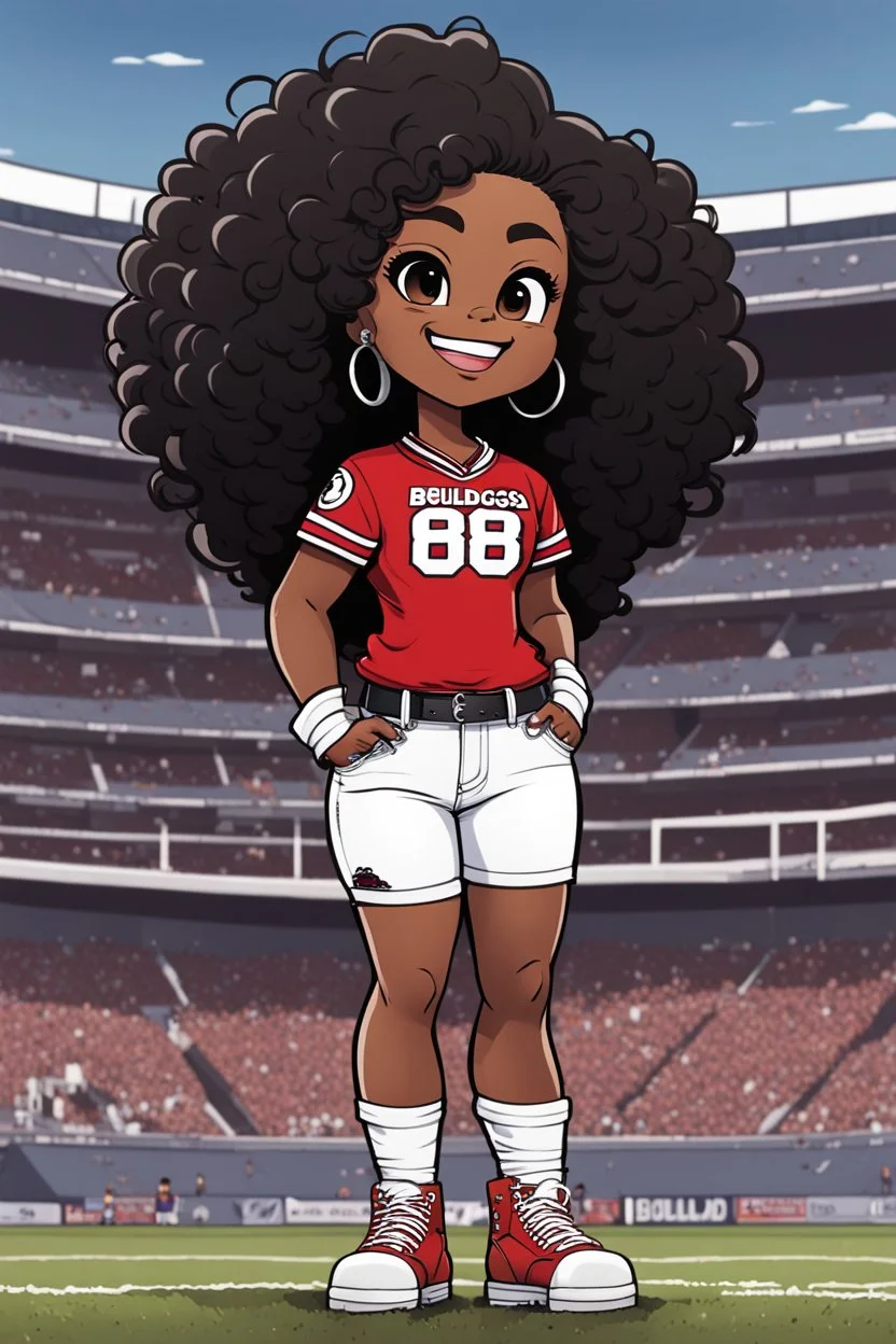 A sassy thick-lined comic book art cartoon image of a black chibi girl standing in front of a football stadium. She is wearing a Georgia Bulldogs football jersey with tight white jeans and timberland boots. behind her curvy body. Looking up coyly, she grins widely, showing sharp teeth. Her poofy hair forms a mane framing her confident, regal expression. Prominent makeup with hazel eyes. Hair is highly detailed.