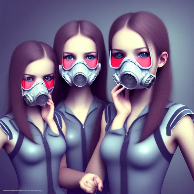 cute girls sitting at the computer in military gas masks. the masks are checkered.