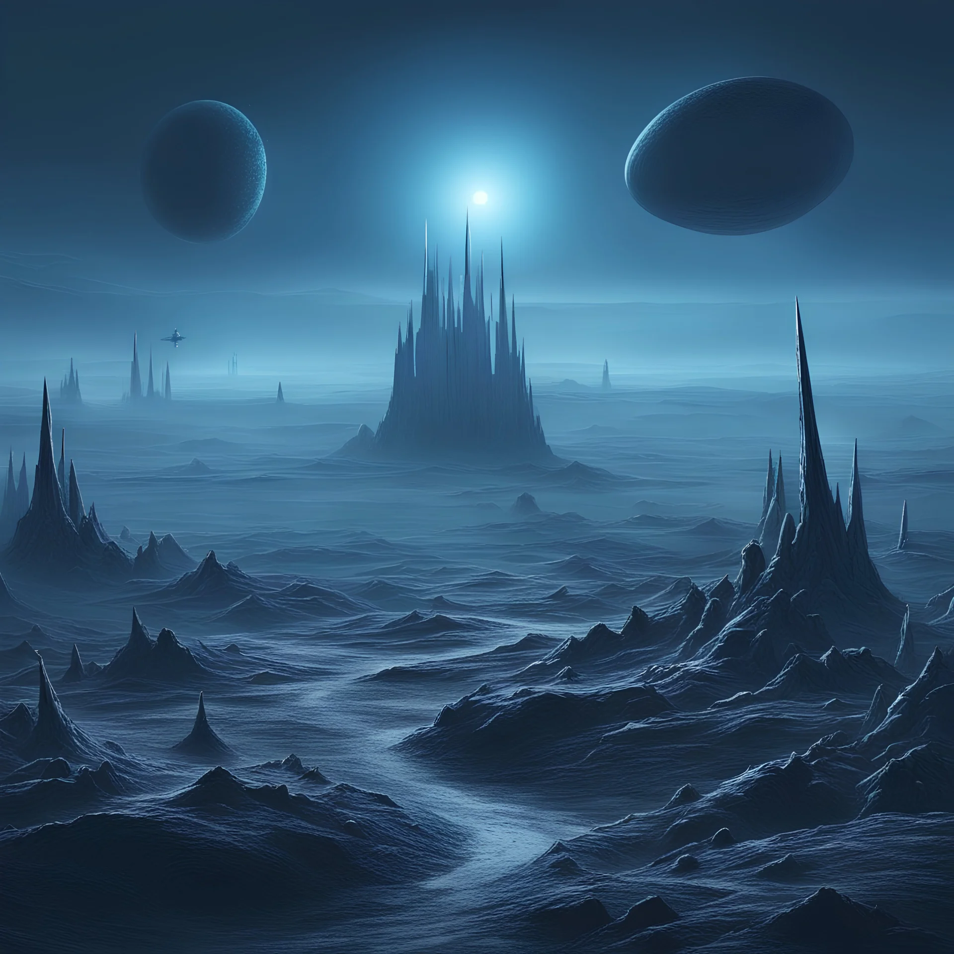 dark frozen alien landscape. some tiny, spiky blue evil alien creatures. spacecraft in the distance. planet in the distance. some mist