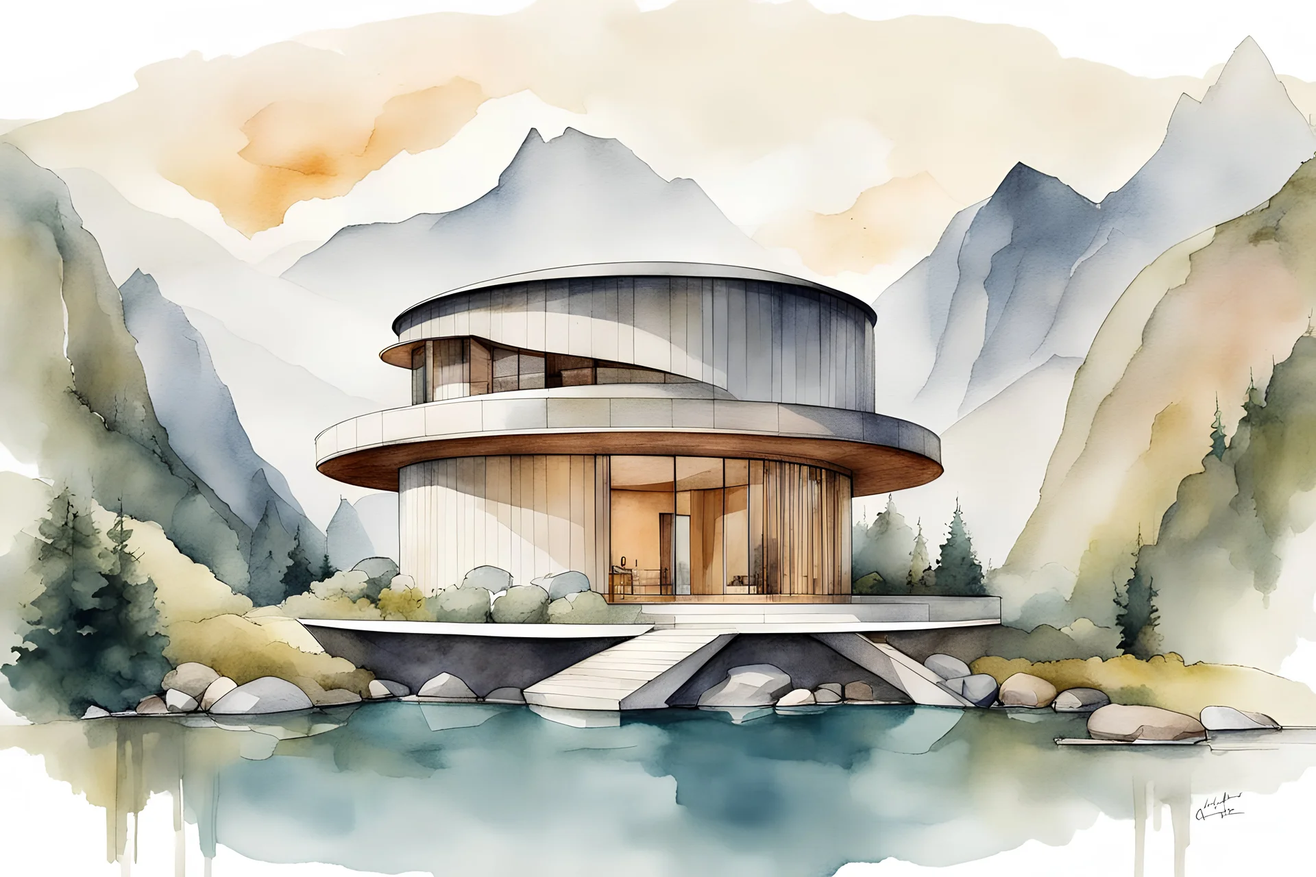 A round house floating ethereally above a serene mountain landscape, its architecture drawing inspiration from both modernist and traditional elements, the sunlight gently kissing the structure, creating a peaceful atmosphere, Architectural illustration, executed in watercolor on textured paper,