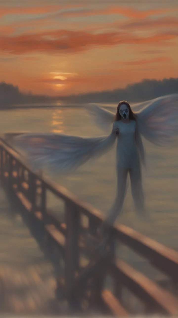 portrait with transparent angel wings like a butterfly on a bridge at sunset, a more intense "scream" mask from the horror movie, that looks like the original painting by Edvard Munch, bokeh like, down-light, unreal engine, prize winning