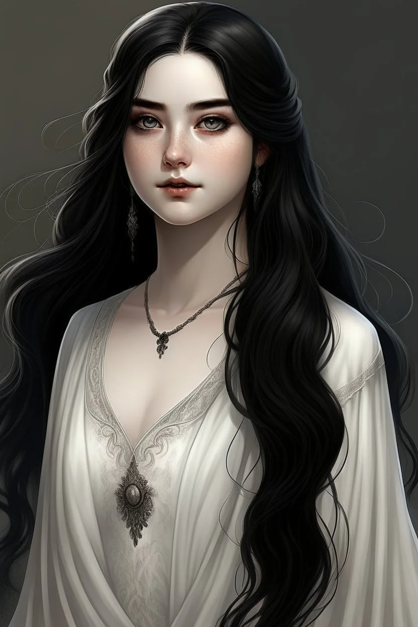 a 16 year old woman, white skin, long wawy black hair, beautiful round face, black eyes, round body, in a white dress, realistic epic fantasy style