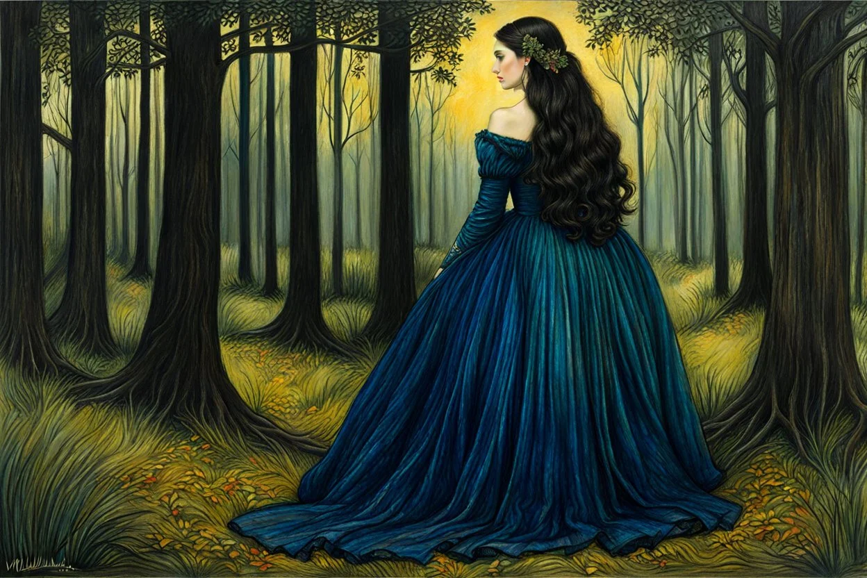 create a 3/4 profile, full body oil pastel of a dark haired, savage, ornately dressed, vampire girl with highly detailed , sharply defined hair and facial features , in a quiet forest glade at twilight, in the Pre-Raphaelite style of JOHN WILLIAM WATERHOUSE