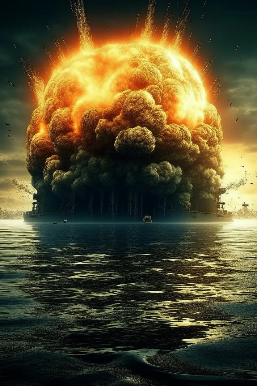 an explosions in side the human brain and huge fire behind a nuclear submarine under the water ocean water in all the picture and the on the background