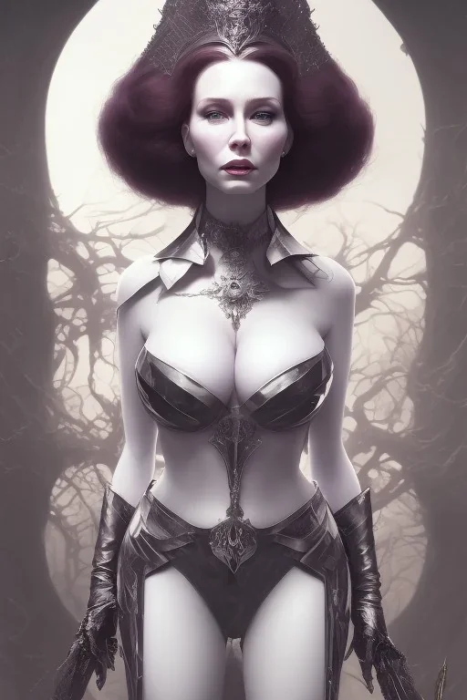 Christina Hendricks as evil queen in black leather, cleavage, angry, stern look. character design by cory loftis, fenghua zhong, ryohei hase, ismail inceoglu and ruan jia. unreal engine 5, artistic lighting, highly detailed, photorealistic, fantasy