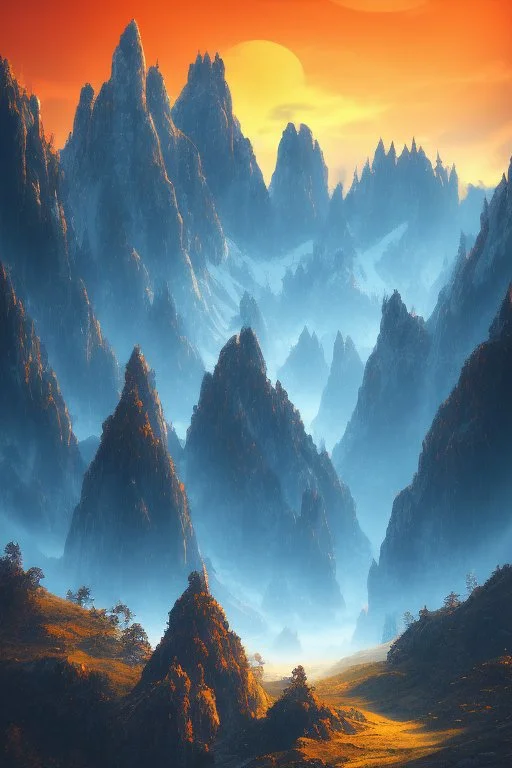 big rock mountains with and orange dawn sky with no clouds close montains anime style