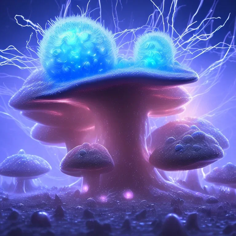 Spherical Frost metal magic armoured lightning Mycelium giant blob MUSHROOM flower erupting with BLUE FLAMES stars lANDSCAPE