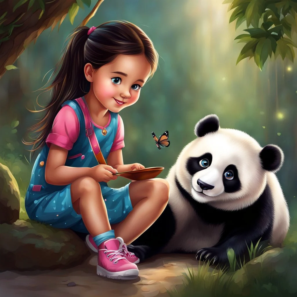 very beautiful realistic cartoon 10 years old girl playing with a panda