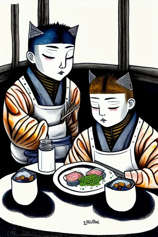 Two boycats, sitting at a table, eating sushi,perfect iris, ink and pencil, style Elisabeth Kreitz