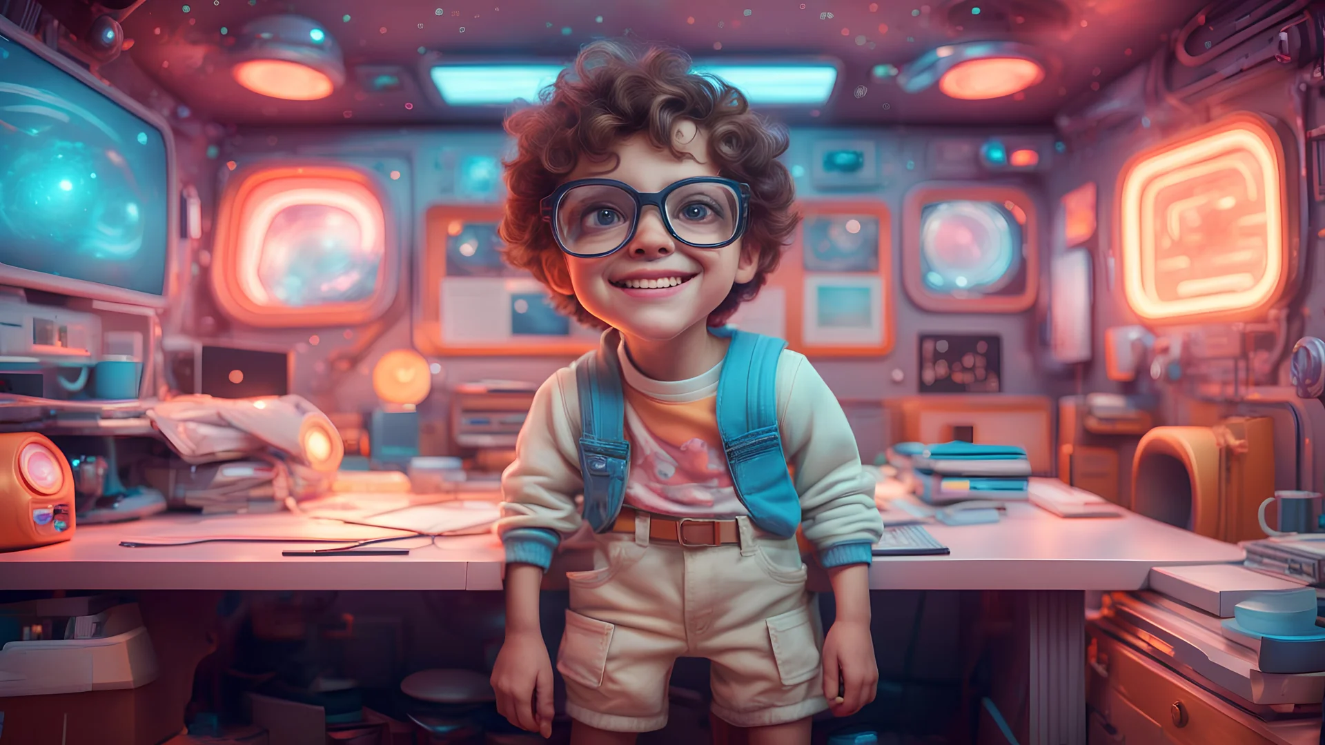 one realistic smiling but tired looking 3D cartoon CGI geeky child with oversized glasses staring directly into the camera, standing centre of room, next to desk in 70's galactic spaceship interior messy arts bedroom and neon lights