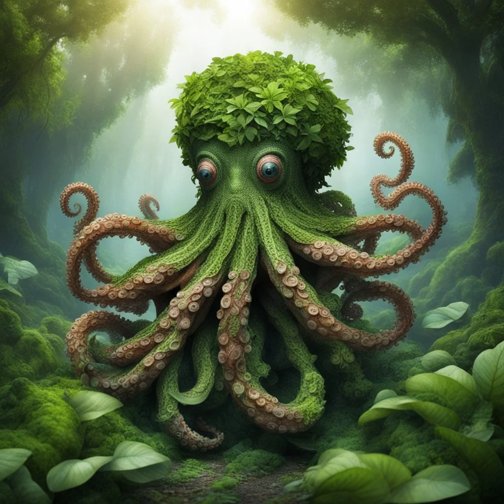 nature god, majestic octopus, made of leaves and plants, greenery, nature