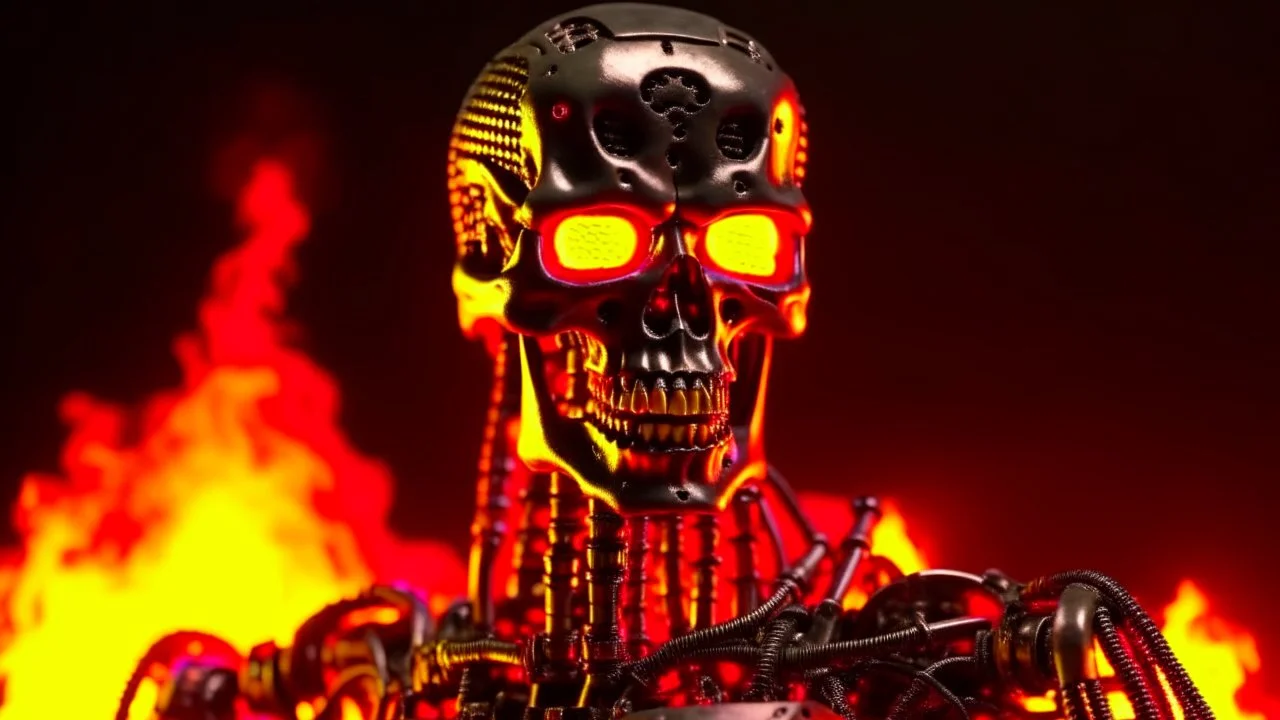 4K portrait of the real-life. Maximum details. Terminator robot, firestarter, radio broadcast logo, flames in the background. Radio hard rock