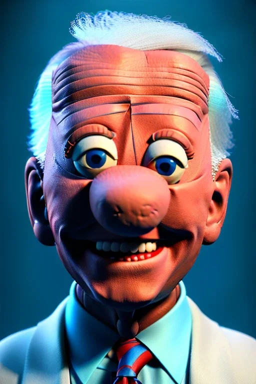 Waist up Portrait, joe Biden as muppet doll, Blue suit retro style, photo studio, blue background, unreal engine 5, concept art, art station, god lights, ray tracing, RTX, lumen lighting, ultra detail, volumetric lighting, 3d.