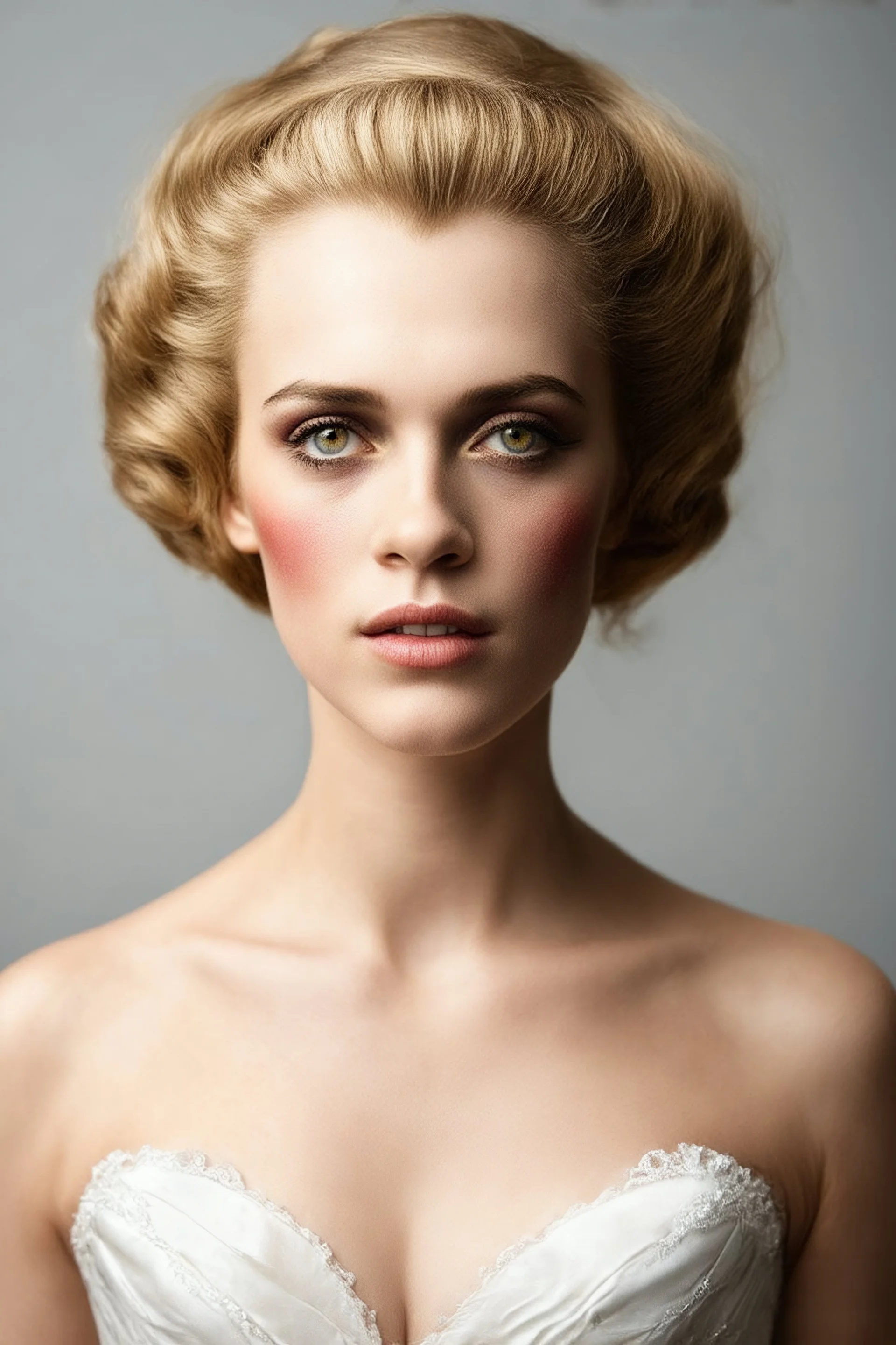 the bride of Frankenstein, 14-year-old American actress, photorealistic 4K, cinematic lighting, heart-shaped face, porcelain fair skin with warm undertones, high cheekbones, soft peach blush, large almond hazel eyes flecked with green and amber, long curled lashes, soft arched brows, straight narrow nose with rounded tip, full lips with defined cupid’s bow, long, bleach-blonde hair with bangs mid-back length, voluminous waves, deep side part, slender hourglass frame