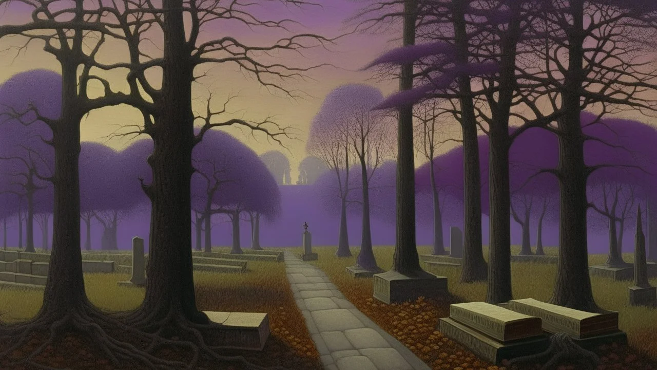 A purple library near a graveyard painted by Caspar David Friedrich