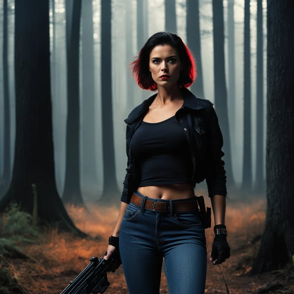 In a medieval scene reminiscent of Ash Williams in "The Evil Dead," Tulip O'Hare found herself standing in a dark and foreboding forest, the ancient trees casting eerie shadows around her. Clad in dark jeans and a simple t-shirt, she gripped a weapon that seemed out of place in this ancient setting - a modern-day firearm, a stark contrast to the swords and shields of the time. Yet, there was a fierce determination in her eyes, a fire that burned bright despite the medieval backdrop.