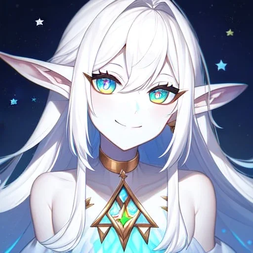 cosmic mage, elf, female, cosmic magic, long ears, white hair, face details, pale skin, jewellery, broad shoulders, sharp ears, star clothes, cosmic eyes, ears shown, the cosmos in eyes, shining eyes, thin face, detailed ears, magical eyes, closed mouth, make up, smiling face, happy face, pointy ears