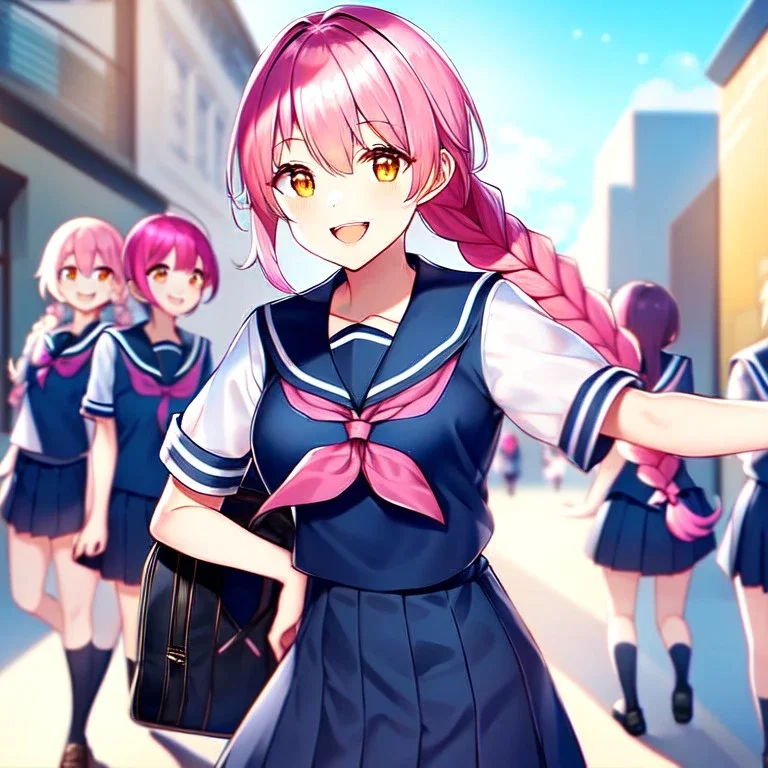 girl, masterpiece, best quality, volumetric lighting, detailed outfit, perfect eyes, pink hair, orange eyes, school outfit, braided ponytail, laughing,