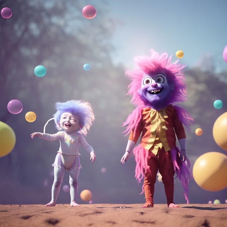 Ultra realistic circus scene. Sweet hair monster and Child’s playing, smile, happy, color bubbles, smooth color, waist up view, Wes Anderson style, dark ambient, highly detailed, concept art, unreal engine 5, god rays, ray tracing, RTX, lumen lighting, ultra detail, volumetric lighting, 3d, finely drawn, high definition, high resolution.