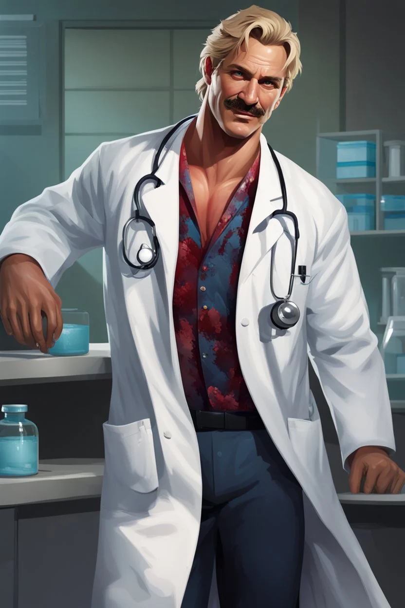 Mid-thirties, Caucasian male doctor, creepy smile, messy blonde hair, light-colored thick mustache, pale blue eyes, broad shoulders, muscular, six foot, Hawaiian shirt under white lab coat, bloodstains at the edges of the lab coat. Strong Jaw line, surrounded by shadows, photo realistic