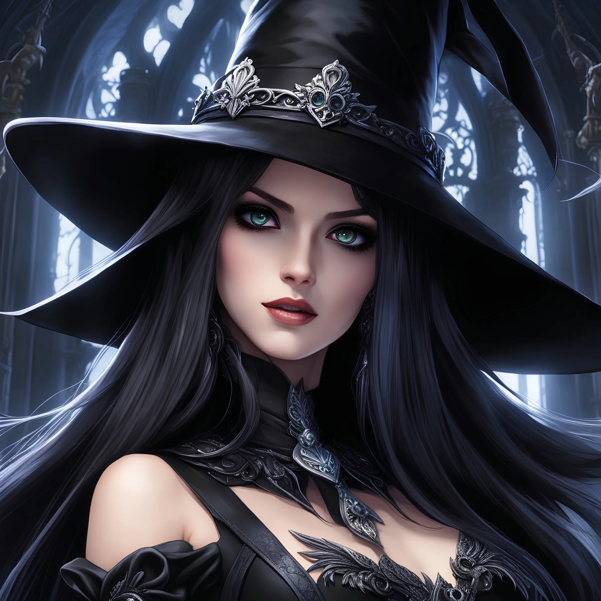 a close up of a person wearing a hat, beautiful necromancer girl, movie promotional art, supervillain sorceress witch, manga cover art, has black wings, nekro iii, ( ( ( anime ) ) ), detailed –n 9, beautiful female wicked witch, a pilgrim, gothic mansion, amalgamation of magical stars.Blended Background,comic, Leonardo da Vinci, Masakatsu Katzura, deep color, daytime Lighting, digital illustration, 4K