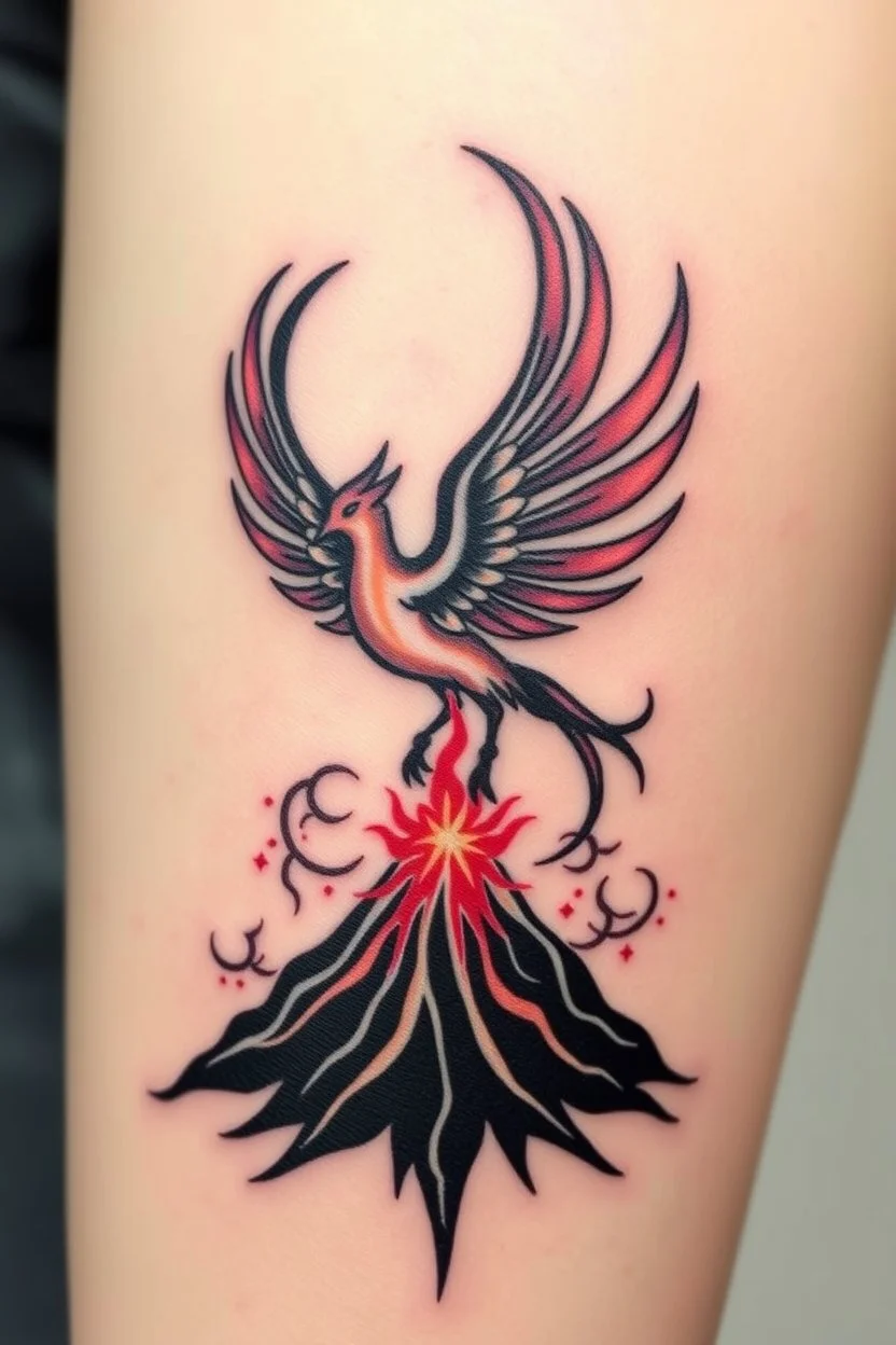 Tattoo of a Pheonix erupting from volcano minimalist