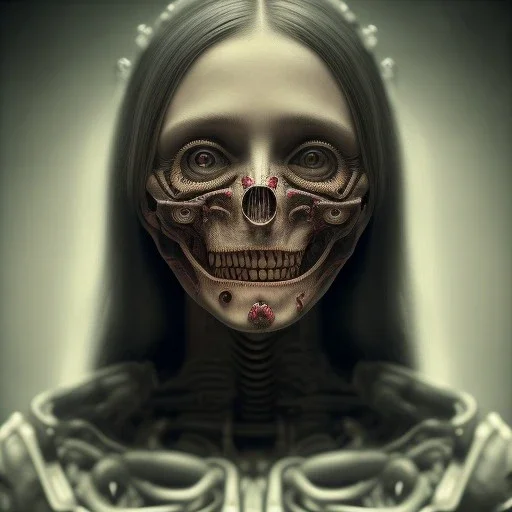 a cute smiling girl with her mother, red tattoo in the face, hr giger, steam punk, scary, horror, realistic, made in octane, cinematic, movie, CGI, ultra-realistic, extremely detailed octane rendering, 8K, VRAY Super Real ar 2:3, dof photorealistic futuristic 50mm lens hard lighting dark gray tintype photograph, realistic lighting, sephia colors