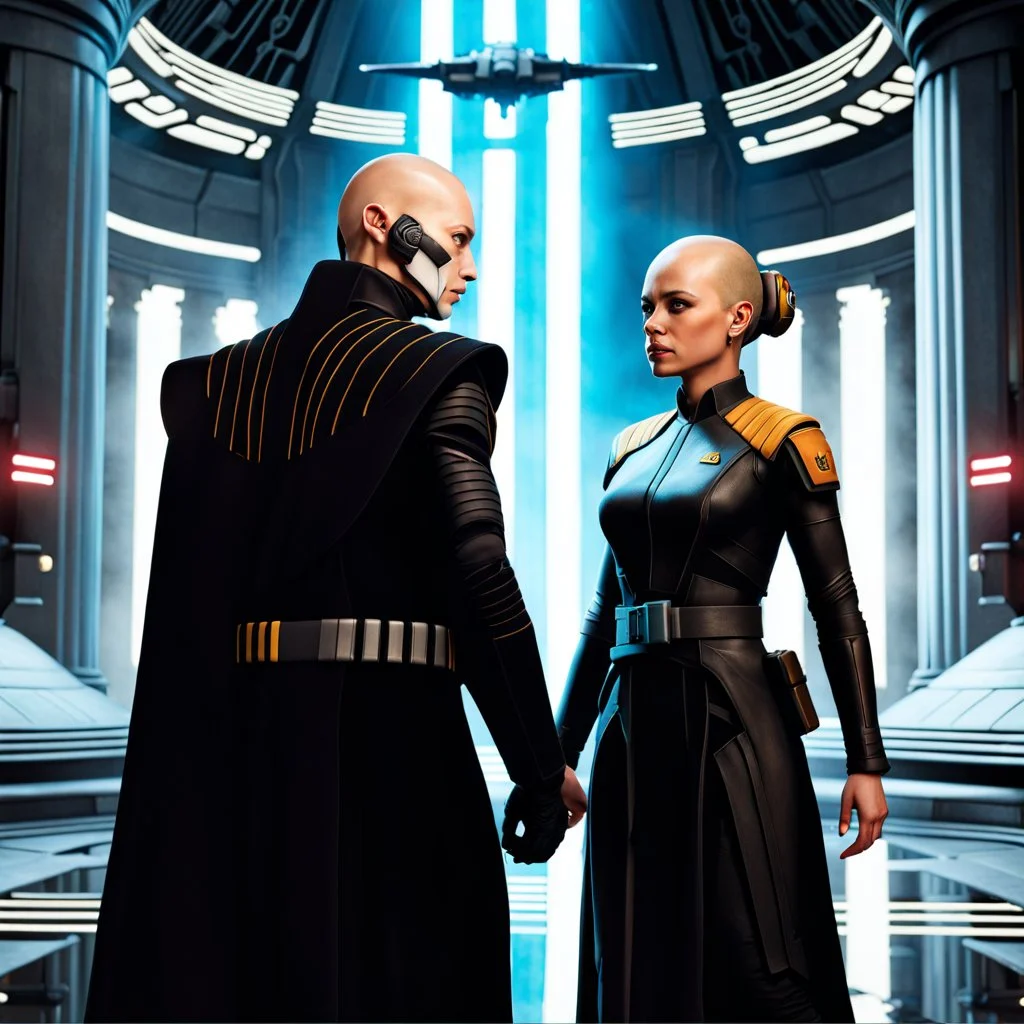 a bold and heroic bald male Corellian pilot in black and metallic grey First Order special forces gear meets a female Jedi Master in ancient, mystical temple, hyperdetailed, dynamic lighting, hyperdetailed background, 8k resolution, volumetric lighting, light skin, fully symmetric details