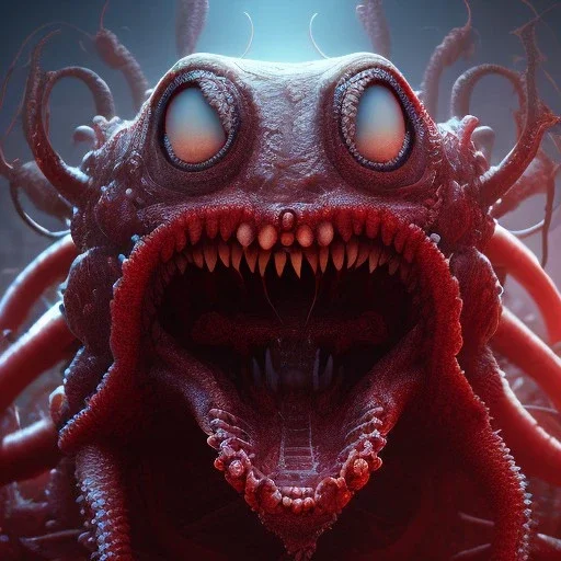 Monster, tentacles, red, huge, horror, teeth, a lot of eyes, masterpiece, expert, 8K, hyperrealism, sharp focus, cinematic lighting, blood, gore