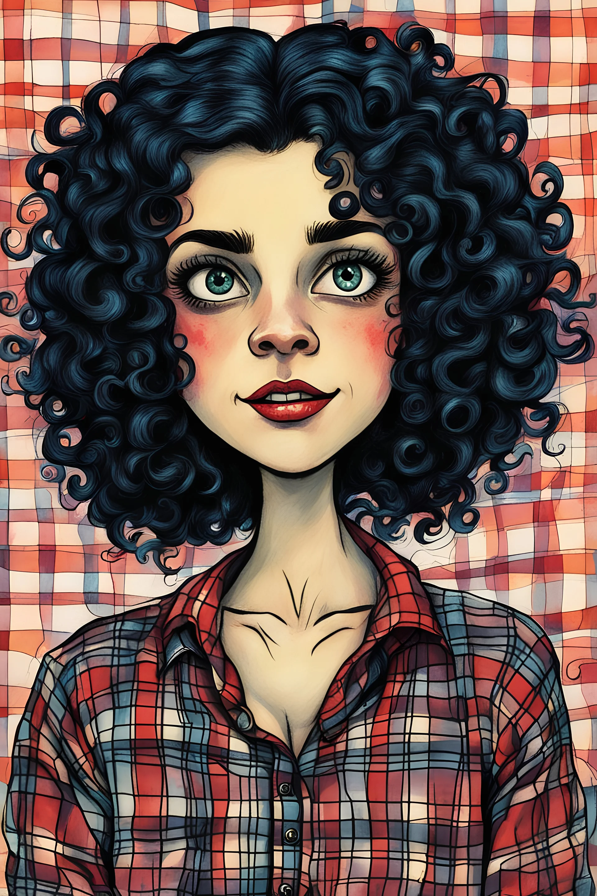 a cartoon illustration of a schizophrenic curly black haired vampire girl in a plaid flannel shirt, in the cartoon style of Lynda Barry , Ernie Pook's Comeek, vibrant natural colors, , museum quality masterpiece