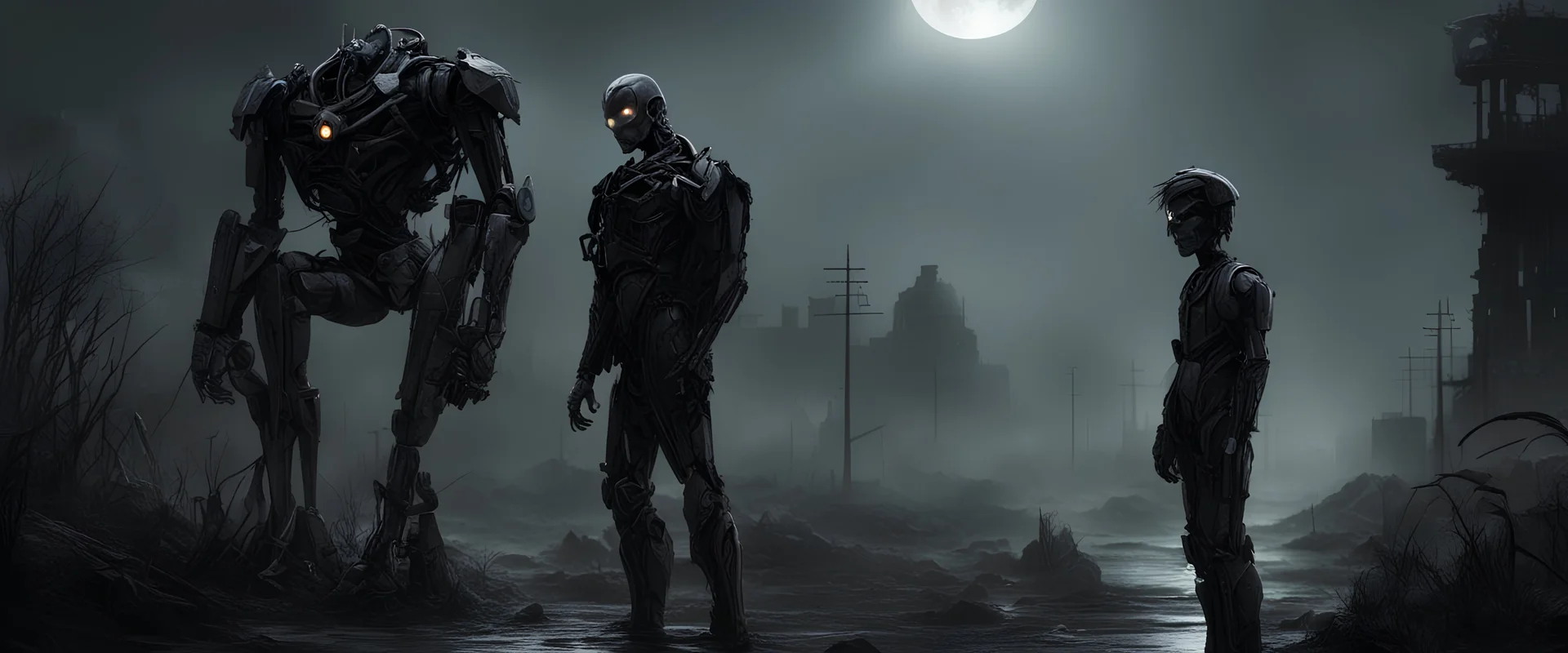 photorealistic. its a dark night. father and son, whilst exploring find an evil cybernetic supermind/robot.