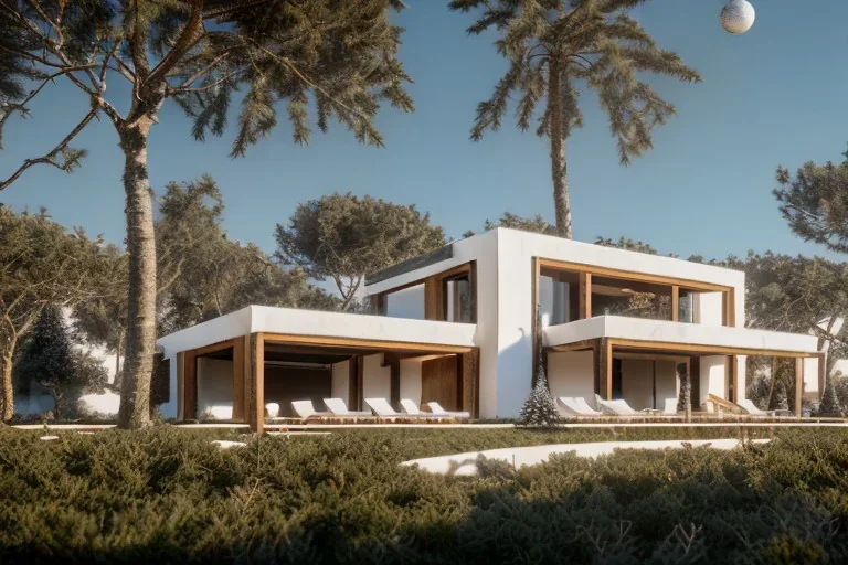 Christmas Day in algarve, a modern luxury villa architecture building WITH STRAIGHT LINES AND CANNOPY, white render and wood stripe vertical elements with gold metallic details, overlooking the golf course, trees pines, realistic 8k ultra render