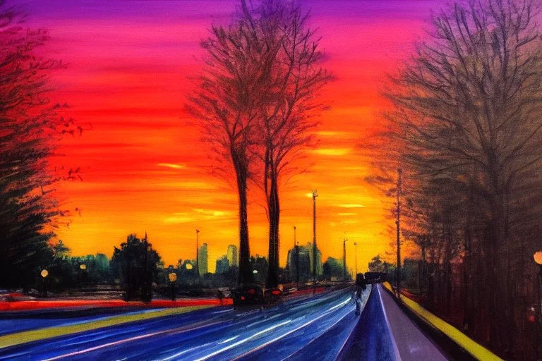 City, sunset, trees, retrowave influence, lesser ury painting