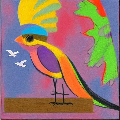  flying bird with girl standing behind the bird painting crayon